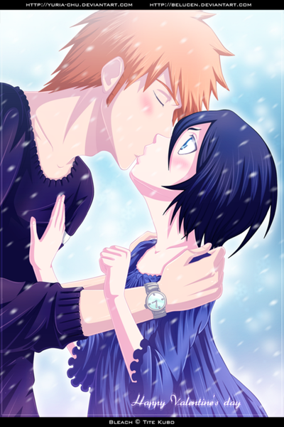 Anime picture 731x1096 with bleach studio pierrot kurosaki ichigo kuchiki rukia belucen tall image blush highres short hair blue eyes signed blue hair looking away eyes closed couple coloring snowing snow kiss girl