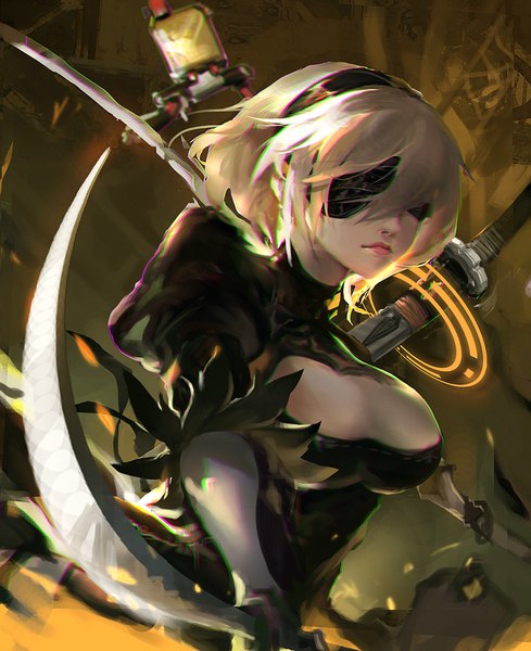 Anime picture 1455x1786 with nier nier:automata yorha no. 2 type b kang kang zi single tall image fringe short hair light erotic holding white hair lips puffy sleeves anaglyph girl gloves weapon sword hairband