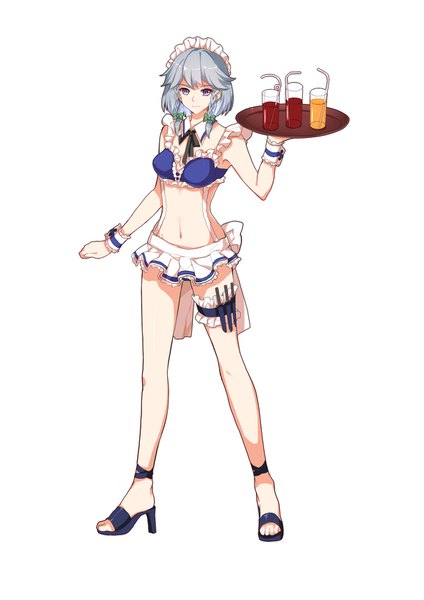 Anime picture 1181x1670 with touhou izayoi sakuya greetload single long hair tall image looking at viewer light erotic simple background smile standing white background purple eyes silver hair full body braid (braids) maid midriff high heels twin braids