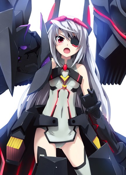 Anime picture 1296x1800 with infinite stratos 8bit laura bodewig grune single long hair tall image open mouth red eyes silver hair mecha musume girl eyepatch