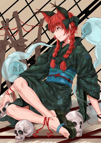 Anime picture 2480x3507 with touhou kaenbyou rin tagme (artist) long hair tall image highres red eyes animal ears red hair braid (braids) traditional clothes japanese clothes profile cat ears cat girl extra ears ghost ankle ribbon girl bow