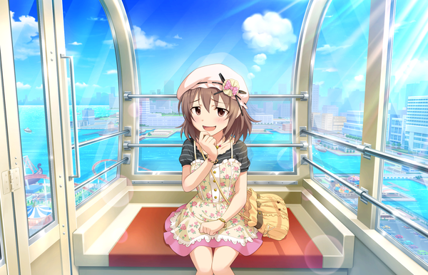 Anime picture 1280x824 with idolmaster idolmaster cinderella girls idolmaster cinderella girls starlight stage kita hinako single looking at viewer blush short hair open mouth smile brown hair sitting brown eyes sky cloud (clouds) sunlight girl dress ribbon (ribbons) hat