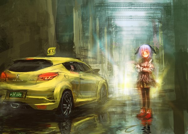 Anime picture 1500x1071 with original renault lm7 (op-center) single blush short hair red eyes animal ears white hair girl dress boots ground vehicle car