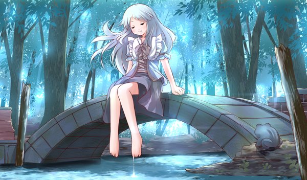 Anime picture 2136x1254 with original risutaru single long hair blush fringe highres smile wide image sitting silver hair full body outdoors eyes closed barefoot girl dress plant (plants) animal tree (trees)