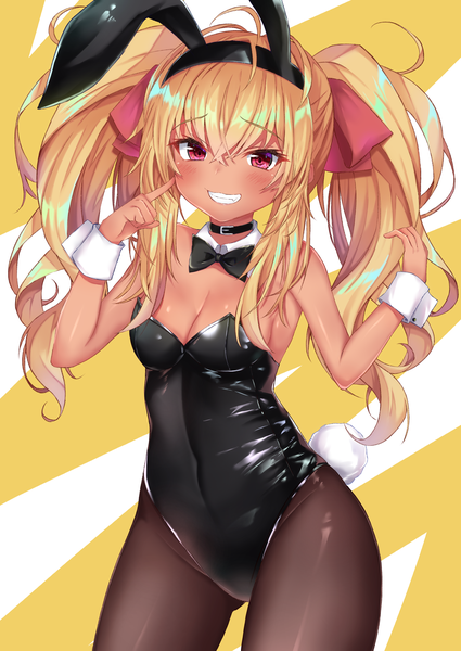 Anime picture 2508x3541 with original rokita single long hair tall image looking at viewer blush fringe highres breasts light erotic blonde hair simple background smile hair between eyes twintails bare shoulders animal ears tail animal tail