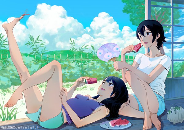 Anime picture 1000x707 with original quiet-sleeper long hair short hair open mouth black hair smile sitting bare shoulders multiple girls looking away lying barefoot black eyes bare legs on back summer legs up girl 2 girls