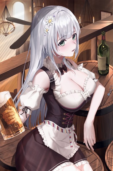 Anime picture 2765x4169 with virtual youtuber hololive shirogane noel shirogane noel (4th costume) narukami arei single long hair tall image blush fringe highres breasts open mouth light erotic large breasts sitting holding green eyes cleavage silver hair