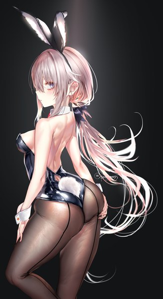 Anime picture 2400x4400 with girls frontline 9a-91 (girls frontline) pottsness single long hair tall image looking at viewer blush fringe highres breasts blue eyes light erotic simple background hair between eyes standing bare shoulders signed animal ears payot