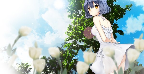 Anime picture 1980x1020 with original primcoco (jooarose) single highres short hair wide image yellow eyes blue hair sky cloud (clouds) looking back girl dress flower (flowers) plant (plants) tree (trees) sundress