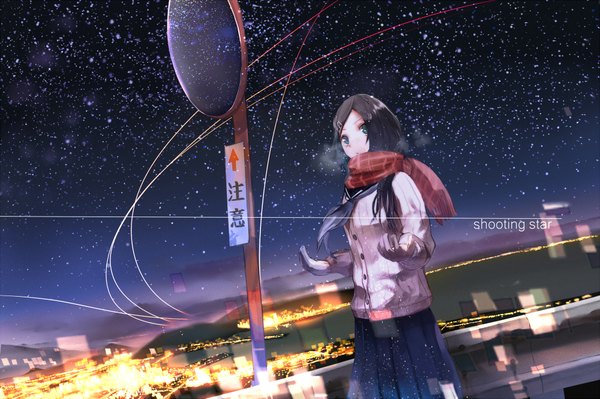 Anime picture 2000x1333 with original djyui single long hair looking at viewer blush highres blue eyes black hair standing cloud (clouds) pleated skirt night night sky outstretched arm city cityscape exhalation city lights girl