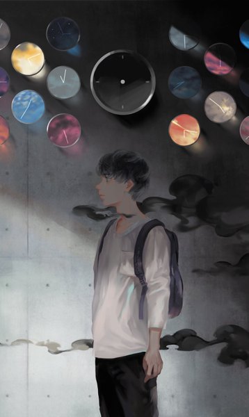 Anime picture 1633x2732 with original satomatoma single tall image short hair black hair standing purple eyes looking away sky profile casual boy clock backpack wall