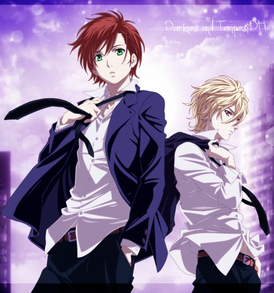 Anime picture 1085x1161 with zetsuen no tempest studio bones fuwa mahiro takigawa yoshino tall image looking at viewer short hair open mouth blonde hair red eyes brown hair green eyes inscription multiple boys piercing hand in pocket boy hair ornament necktie belt