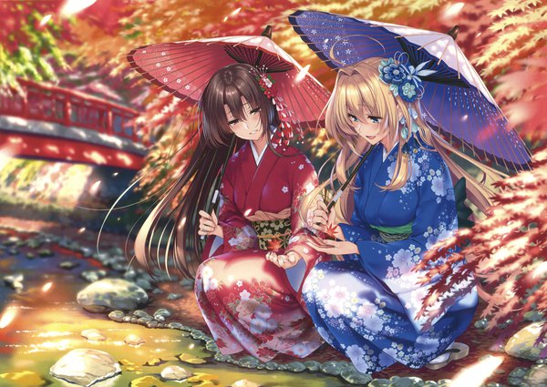 Anime picture 3000x2129 with original eshi 100-nin ten piromizu long hair blush fringe highres open mouth blue eyes blonde hair hair between eyes brown hair multiple girls brown eyes payot full body ahoge outdoors traditional clothes parted lips