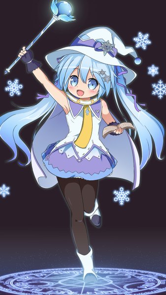 Anime picture 900x1600 with vocaloid suki! yuki! maji magic (vocaloid) hatsune miku yuki miku yuki miku (2014) tagme (artist) single long hair tall image looking at viewer blush open mouth blue eyes twintails blue hair sleeveless magic dark background treble clef girl