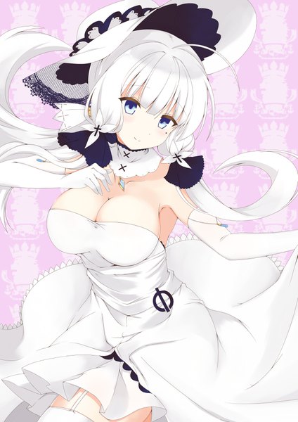 Anime picture 2480x3508 with azur lane illustrious (azur lane) mamizu single long hair tall image looking at viewer blush fringe highres breasts blue eyes light erotic hair between eyes large breasts standing twintails cleavage ahoge white hair