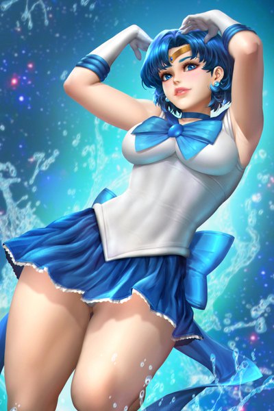 Anime picture 2400x3597 with bishoujo senshi sailor moon toei animation mizuno ami sailor mercury nudtawut thongmai single tall image fringe highres short hair breasts blue eyes light erotic simple background large breasts standing blue hair looking away arms up armpit (armpits)