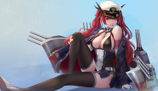 Anime picture 4306x2480 with azur lane honolulu (azur lane) azhang single long hair looking at viewer blush fringe highres breasts light erotic simple background red eyes wide image large breasts twintails absurdres red hair blunt bangs realistic