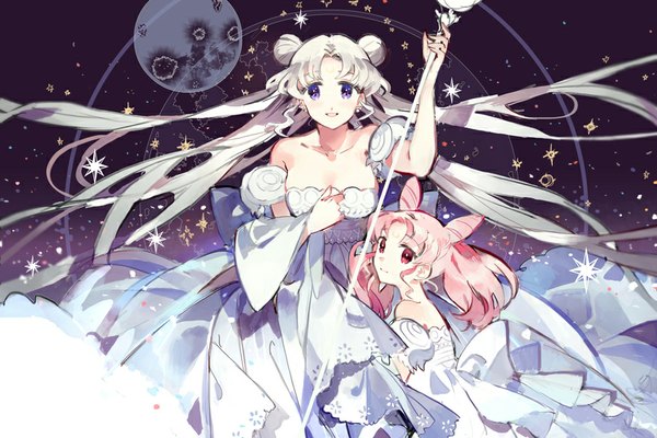 Anime picture 900x600 with bishoujo senshi sailor moon toei animation tsukino usagi chibiusa princess serenity princess usagi small lady star shadow magician long hair looking at viewer blonde hair red eyes purple eyes twintails bare shoulders multiple girls holding pink hair looking back light smile grey hair