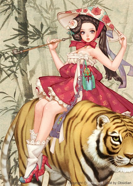 Anime picture 800x1120 with original obsidian single long hair tall image looking at viewer brown hair sitting purple eyes brown eyes braid (braids) traditional clothes hair flower lips mole grey eyes high heels sleeveless mole under eye side ponytail