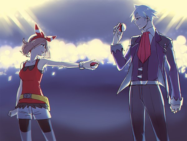 Anime picture 1000x757 with pokemon pokemon (game) pokemon oras nintendo may (pokemon) steven stone obo (artist) short hair blue eyes smile brown hair bare shoulders looking away silver hair profile outstretched arm girl boy ribbon (ribbons) hair ribbon