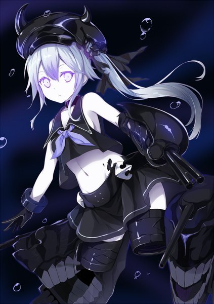 Anime picture 565x800 with kantai collection destroyer hime takehana note single long hair tall image fringe hair between eyes bare shoulders looking away silver hair multicolored hair bare belly side ponytail dark background gradient hair pale skin shinkaisei-kan white eyes mechanical