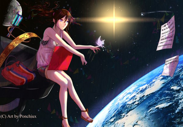 Anime picture 2079x1447 with original ponchiux single highres smile brown hair sitting purple eyes bare shoulders looking away ponytail sunlight space music girl shorts insect butterfly moon star (stars)