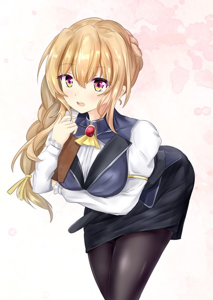 Anime picture 1580x2231 with goblin slayer! guild girl (goblin slayer!) mr lobster single long hair tall image blush fringe breasts open mouth blonde hair hair between eyes large breasts standing yellow eyes looking away braid (braids) pink eyes leaning leaning forward