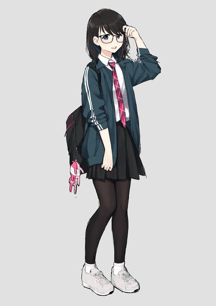 Anime picture 1200x1697 with original morifumi single tall image looking at viewer fringe short hair open mouth blue eyes black hair simple background smile hair between eyes standing full body :d pleated skirt arm up grey background open clothes