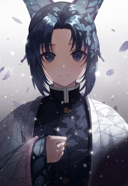 Anime picture 760x1100 with kimetsu no yaiba ufotable kochou shinobu tomsix single tall image looking at viewer blush fringe short hair blue eyes simple background smile payot blue hair upper body traditional clothes japanese clothes girl uniform