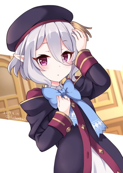Anime-Bild 627x885 mit princess connect! re:dive princess connect! kokkoro (princess connect!) yuni (princess connect!) fuusha single tall image looking at viewer blush fringe short hair hair between eyes purple eyes signed silver hair upper body pointy ears :o twitter username dated