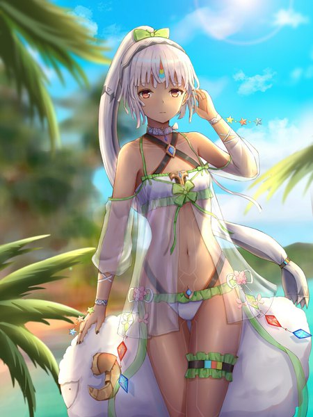 Anime picture 886x1181 with fate (series) fate/grand order altera (fate) altera the santa (fate) hokori sakuni single tall image looking at viewer fringe short hair light erotic red eyes standing bare shoulders sky cloud (clouds) nail polish sunlight blurry bare belly