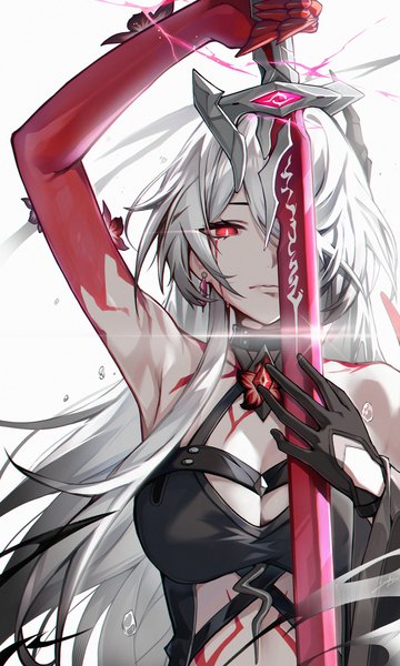Anime picture 2000x3337 with honkai: star rail honkai (series) acheron (honkai: star rail) snozaki single long hair tall image looking at viewer fringe highres breasts red eyes white background cleavage silver hair arm up hair over one eye tattoo girl weapon