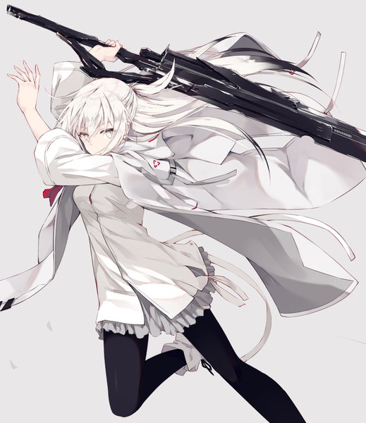 Anime picture 1140x1317 with original nagishiro mito single long hair tall image looking at viewer fringe breasts simple background hair between eyes standing holding white hair multicolored hair grey background arms up two-tone hair floating hair standing on one leg clothes on shoulders