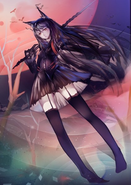 Anime picture 2480x3507 with original pixiv fantasia pixiv fantasia fallen kings mou kankan (tims1111) single long hair tall image looking at viewer fringe highres light erotic black hair red eyes standing animal ears tail animal tail cat ears night cat tail