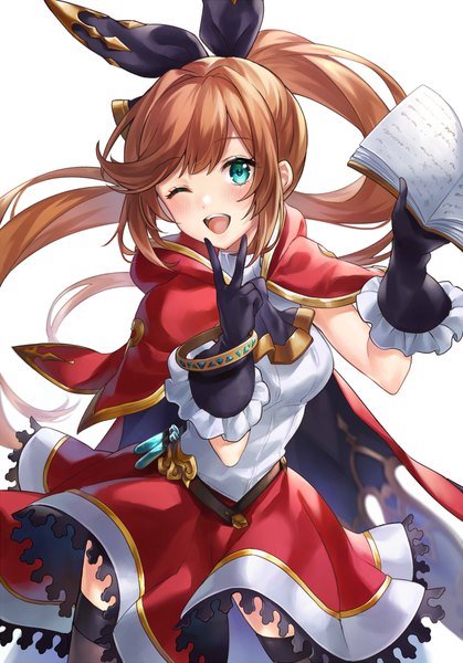 Anime picture 698x1000 with granblue fantasy clarisse (granblue fantasy) shiao single long hair tall image open mouth brown hair looking away ponytail one eye closed aqua eyes wink victory ;d girl thighhighs gloves ribbon (ribbons) black thighhighs