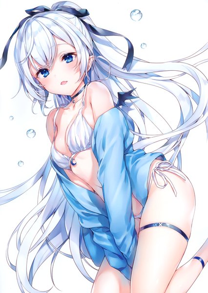 Anime picture 2431x3421 with original komeshiro kasu single long hair tall image looking at viewer blush fringe highres breasts open mouth blue eyes light erotic simple background hair between eyes bare shoulders payot cleavage silver hair bent knee (knees)