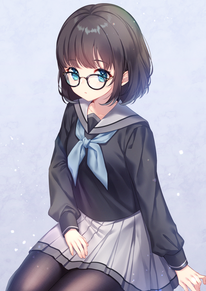 Anime picture 708x1000 with original moyui (myi 005) single tall image looking at viewer blush fringe short hair blue eyes black hair simple background sitting long sleeves pleated skirt grey background arm support girl skirt uniform pantyhose