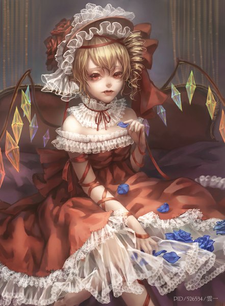 Anime picture 753x1024 with touhou flandre scarlet windyakuma single tall image short hair blonde hair red eyes sitting teeth fang (fangs) drill hair lolita fashion girl dress flower (flowers) ribbon (ribbons) petals wings frills