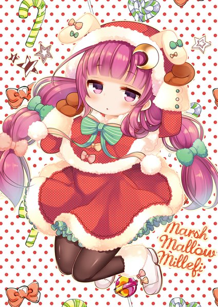 Anime picture 650x918 with touhou patchouli knowledge marshmallow mille single long hair tall image looking at viewer blush fringe purple eyes twintails signed purple hair full body bent knee (knees) :o loli fur trim low twintails christmas