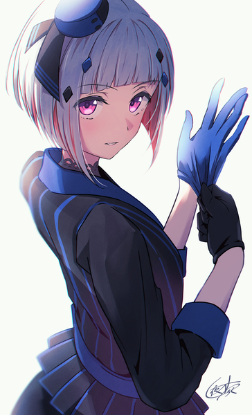 Anime picture 2142x3534 with link! like! love live! sunrise (studio) love live! yugiri tsuzuri yatoroku single tall image highres short hair simple background white background looking away silver hair pink eyes multicolored hair colored inner hair adjusting gloves girl gloves hat