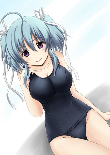 Anime picture 800x1132 with fuuma nagi tall image blush short hair light erotic smile twintails purple eyes blue hair ahoge short twintails girl ribbon (ribbons) swimsuit hair ribbon