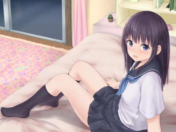 Anime picture 1333x1000 with original minagiku single long hair looking at viewer blush fringe open mouth blue eyes sitting purple hair bent knee (knees) indoors pleated skirt embarrassed no shoes girl skirt uniform miniskirt