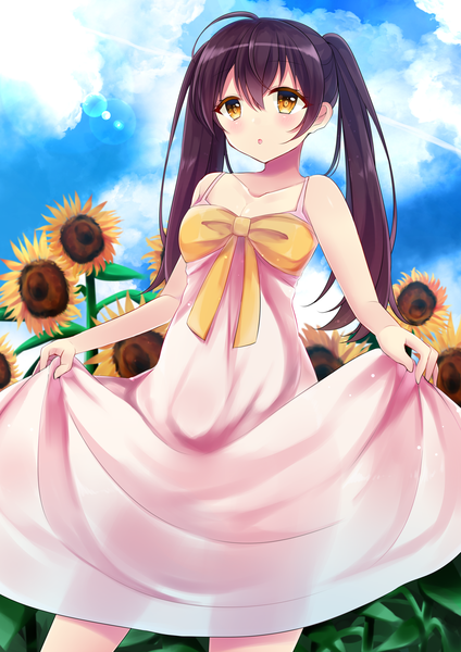Anime picture 1300x1839 with original minami saki single long hair tall image blush fringe breasts open mouth hair between eyes brown hair standing twintails bare shoulders holding yellow eyes payot looking away sky cleavage