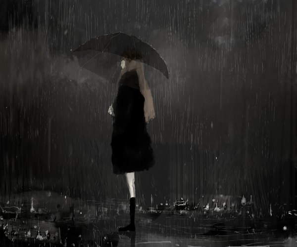 Anime picture 990x825 with original majyobjyour single simple background brown hair standing dark background rain girl socks scarf black socks umbrella coat splashes puddle