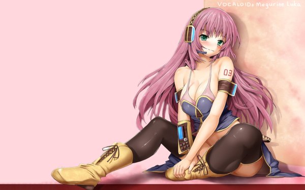 Anime picture 1920x1200 with vocaloid megurine luka blastbeat single long hair looking at viewer blush fringe highres breasts light erotic smile wide image large breasts sitting bare shoulders green eyes pink hair tattoo spread legs