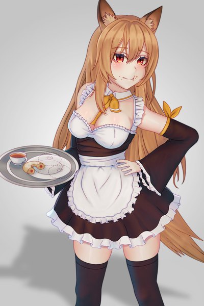 Anime picture 2731x4096 with arknights ceobe (arknights) absurd fox single long hair tall image looking at viewer blush fringe highres breasts light erotic simple background hair between eyes red eyes brown hair large breasts animal ears tail animal tail