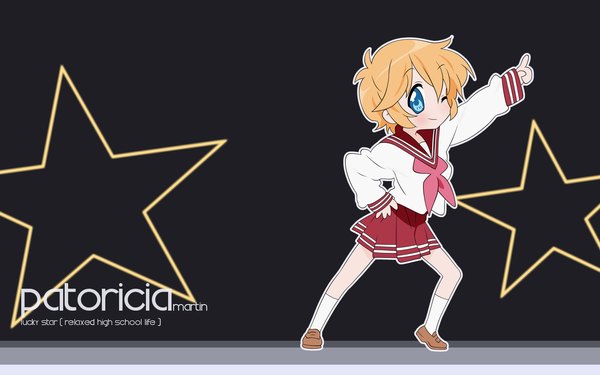 Anime picture 1920x1200 with lucky star kyoto animation patricia martin single highres short hair blue eyes blonde hair wide image full body one eye closed wink wallpaper copyright name character names hand on hip girl uniform serafuku star (symbol)