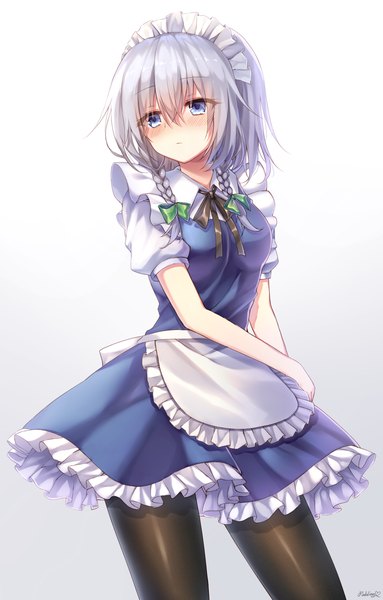 Anime picture 1770x2768 with touhou izayoi sakuya pudding (skymint 028) single tall image blush fringe highres short hair breasts blue eyes simple background hair between eyes standing looking away silver hair braid (braids) short sleeves maid puffy sleeves
