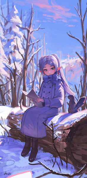 Anime picture 1210x2470 with sousou no frieren frieren handot (d yot ) single long hair tall image sitting twintails green eyes sky silver hair full body outdoors pointy ears winter elf girl earrings animal scarf