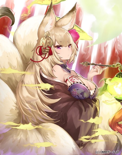 Anime picture 900x1137 with sennen sensou aigis kayou (sennen sensou aigis) yaman (yamanta lov) single long hair tall image looking at viewer blush fringe breasts light erotic blonde hair large breasts purple eyes bare shoulders holding animal ears cleavage upper body tail